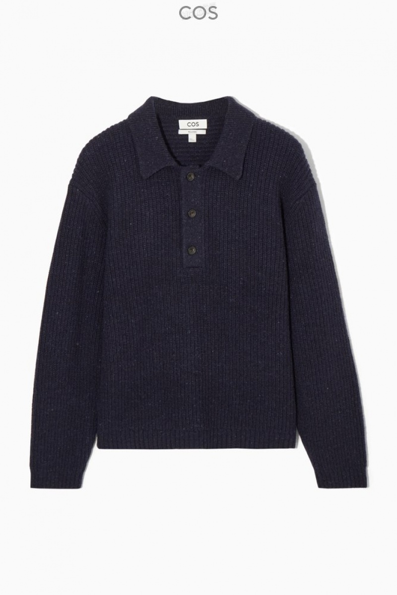 Navy COS Ribbed Wool And Cashmere-Blend Polo Shirt Knitwear | 320984-FWE