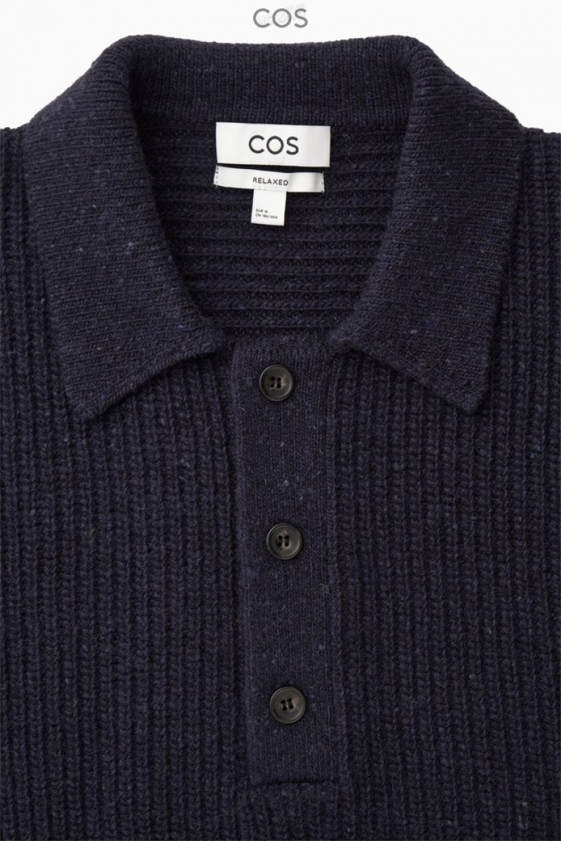 Navy COS Ribbed Wool And Cashmere-Blend Polo Shirt Knitwear | 320984-FWE