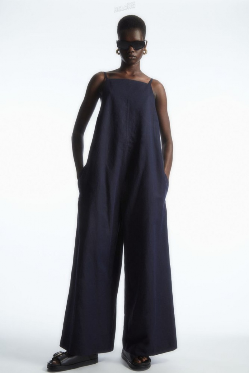 Navy COS Tie-Detail Linen Jumpsuit Jumpsuits | 906754-EYQ