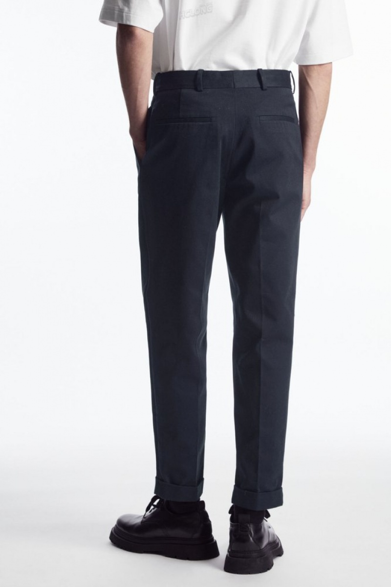 Navy COS Turn-Up Tapered Twill Trousers Trousers | 619825-TZS