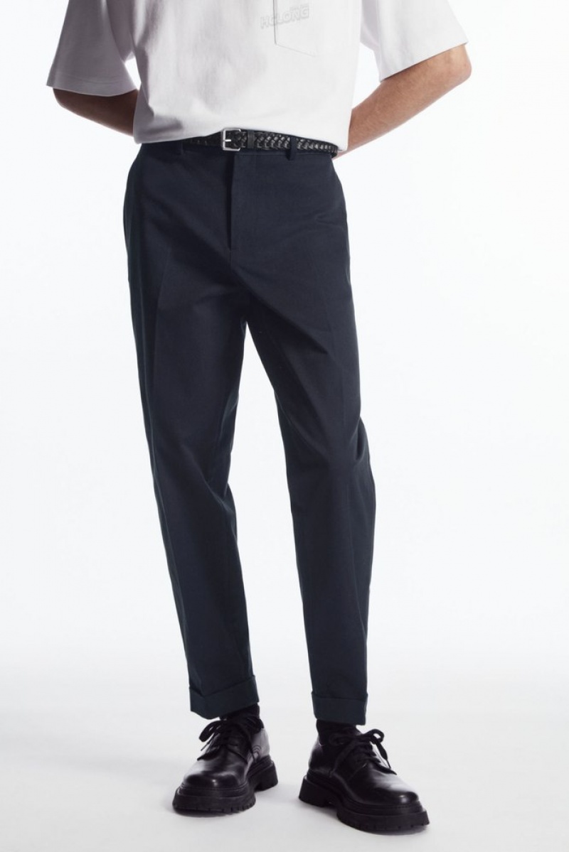 Navy COS Turn-Up Tapered Twill Trousers Trousers | 619825-TZS