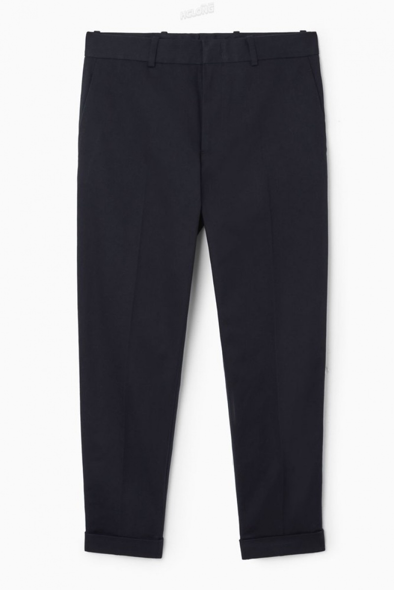 Navy COS Turn-Up Tapered Twill Trousers Trousers | 619825-TZS