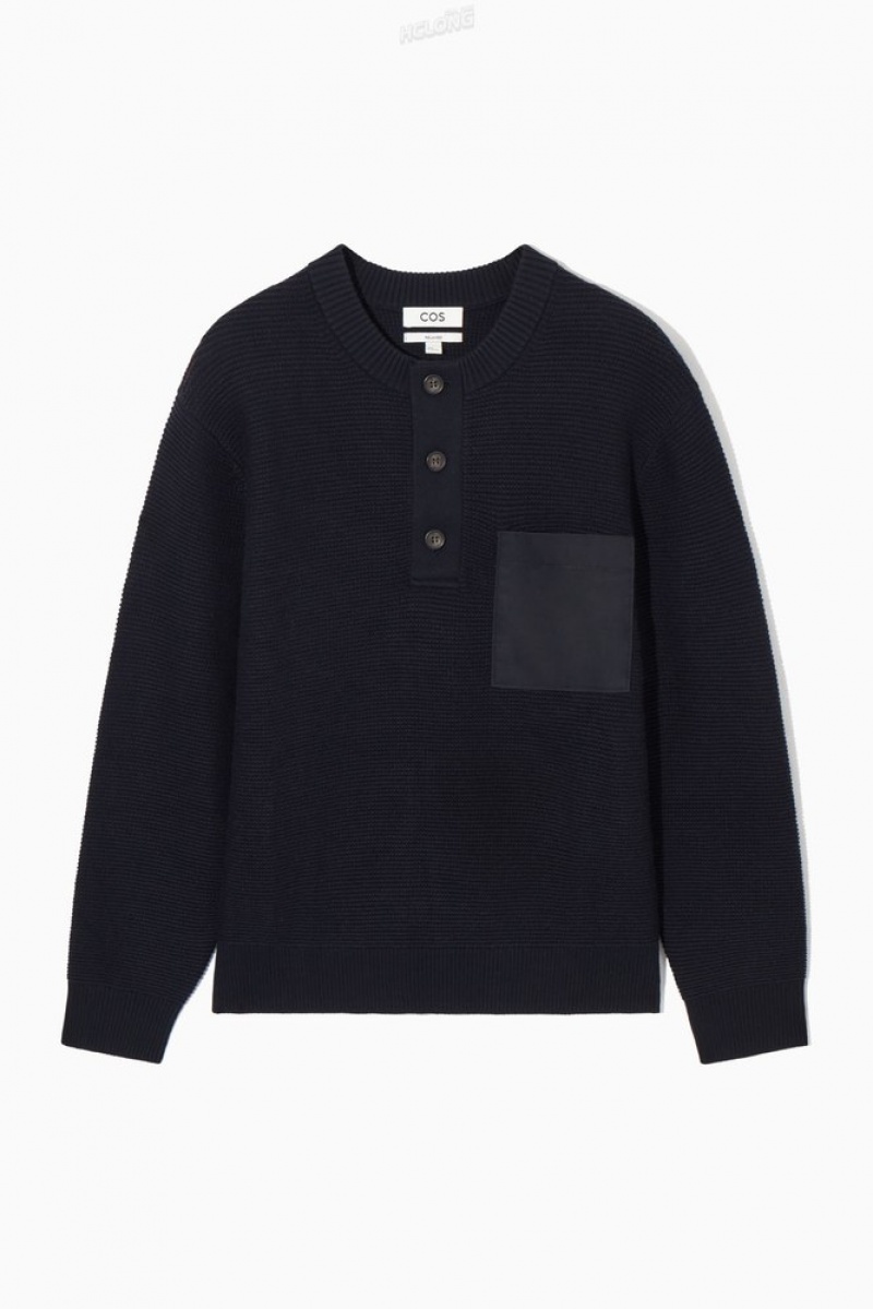 Navy COS Waffle-Knit Henley Sweater Sweaters & Cardigans | 321860-FHN