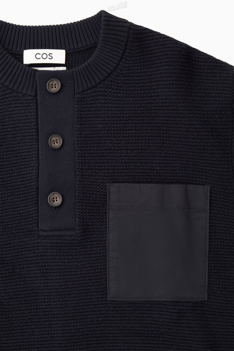 Navy COS Waffle-Knit Henley Sweater Sweaters & Cardigans | 321860-FHN