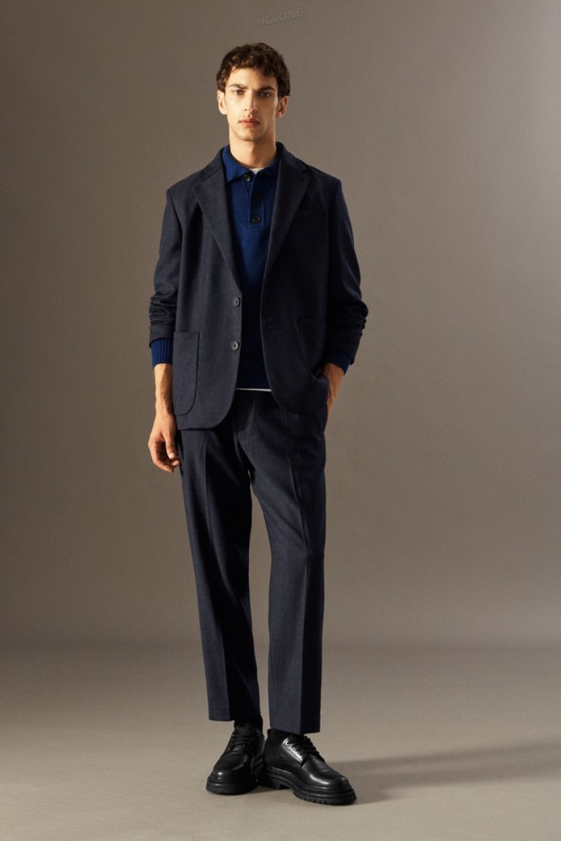 Navy MéLange COS Elasticated Wool-Flannel Trousers - Tapered Suit Trousers | 247891-FVE