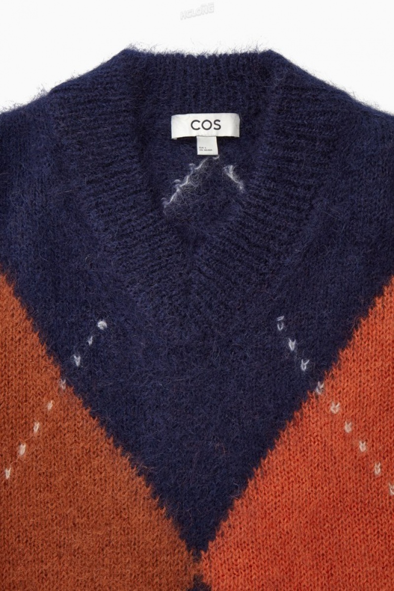 Navy / Argyle COS Cropped V-Neck Mohair Sweater Sweaters & Cardigans | 423168-ELI