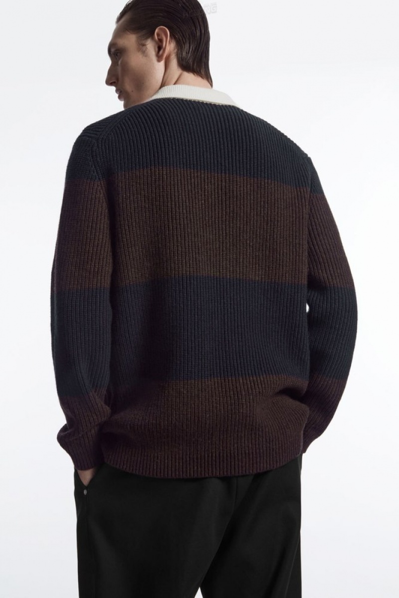 Navy / Brown / Striped COS Wool-Blend Rugby Polo Shirt Knitwear | 215309-XJE