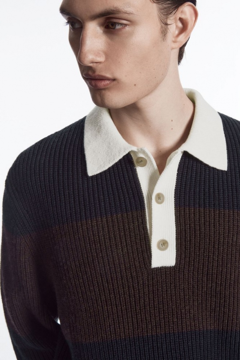 Navy / Brown / Striped COS Wool-Blend Rugby Polo Shirt Knitwear | 215309-XJE