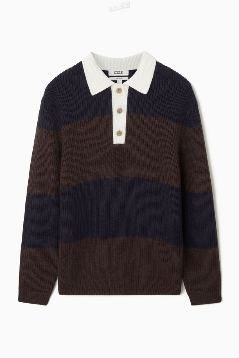 Navy / Brown / Striped COS Wool-Blend Rugby Polo Shirt Knitwear | 215309-XJE