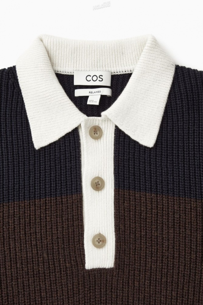 Navy / Brown / Striped COS Wool-Blend Rugby Polo Shirt Knitwear | 215309-XJE