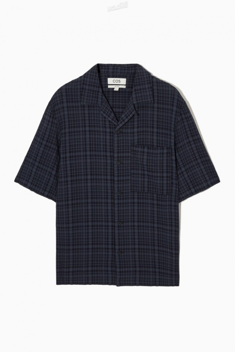 Navy / Checked COS Checked Seersucker Camp-Collar Shirt Shirts | 541387-BDR