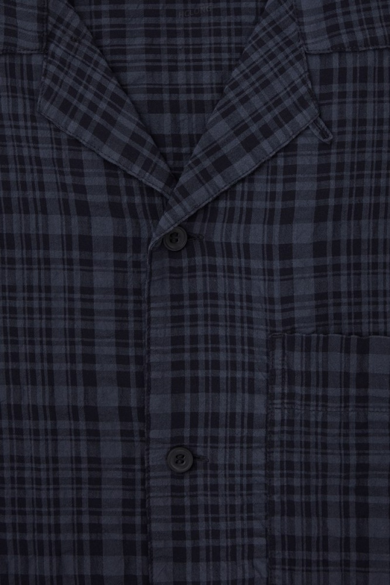 Navy / Checked COS Checked Seersucker Camp-Collar Shirt Shirts | 541387-BDR