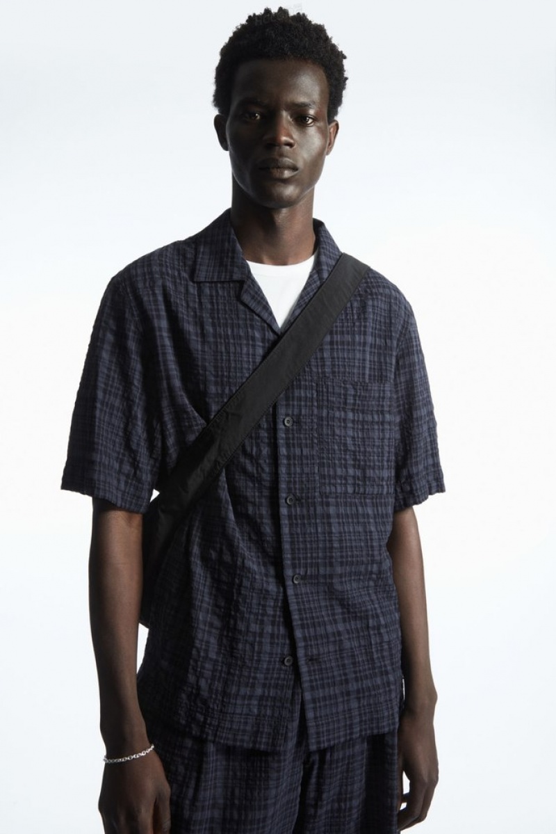 Navy / Checked COS Checked Seersucker Camp-Collar Shirt Shirts | 541387-BDR