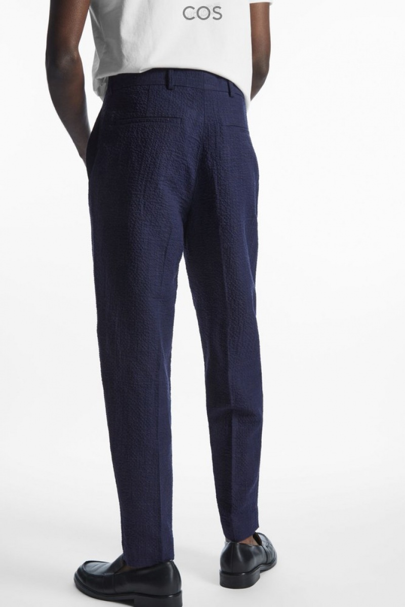 Navy / Checked COS Tapered Textured-Seersucker Trousers Trousers | 782314-NOL