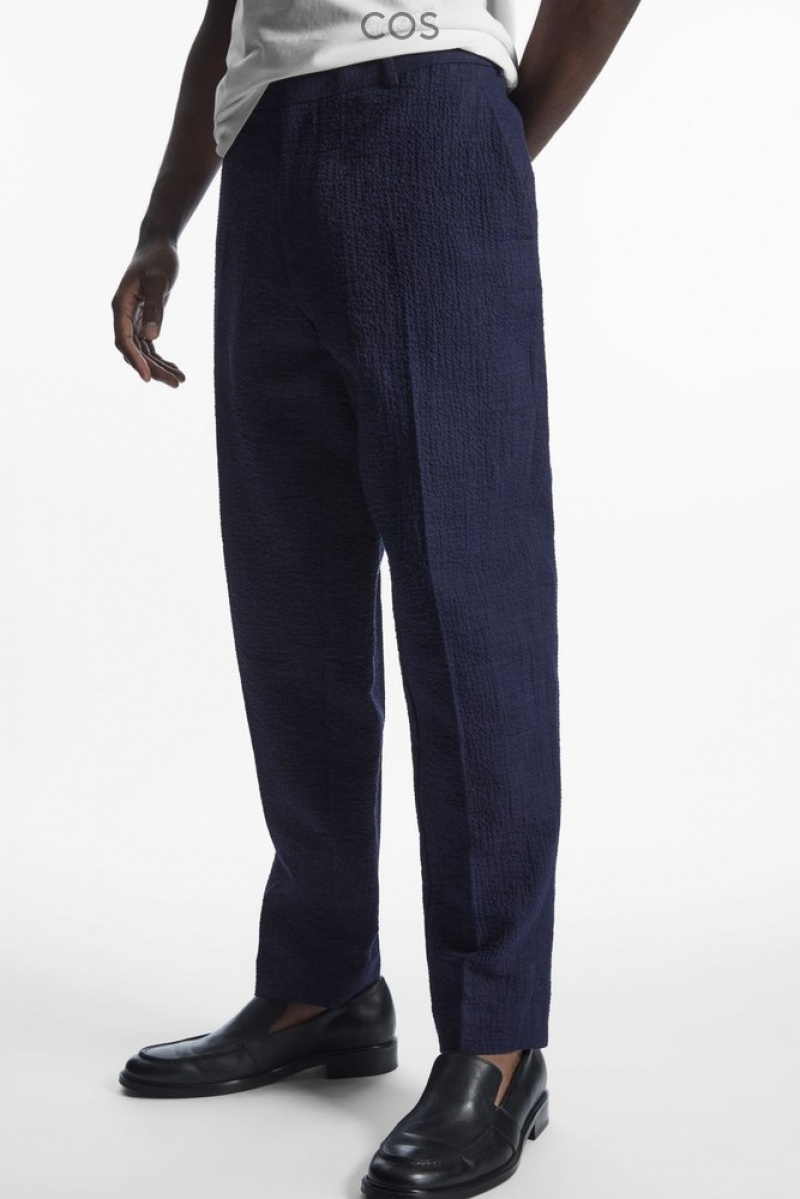 Navy / Checked COS Tapered Textured-Seersucker Trousers Trousers | 782314-NOL