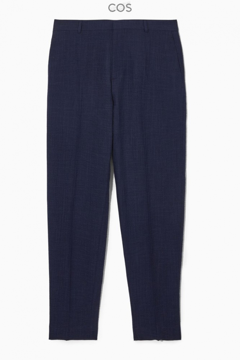 Navy / Checked COS Tapered Textured-Seersucker Trousers Trousers | 782314-NOL