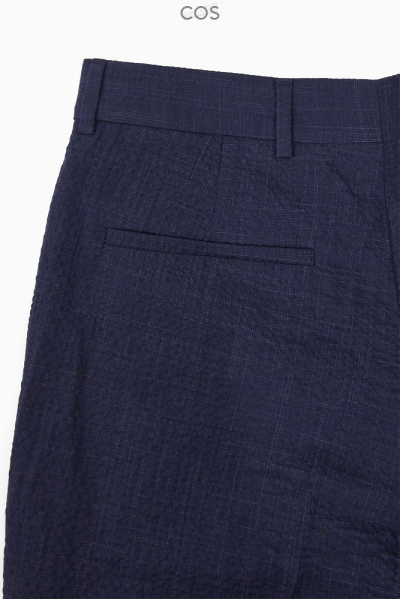 Navy / Checked COS Tapered Textured-Seersucker Trousers Trousers | 782314-NOL