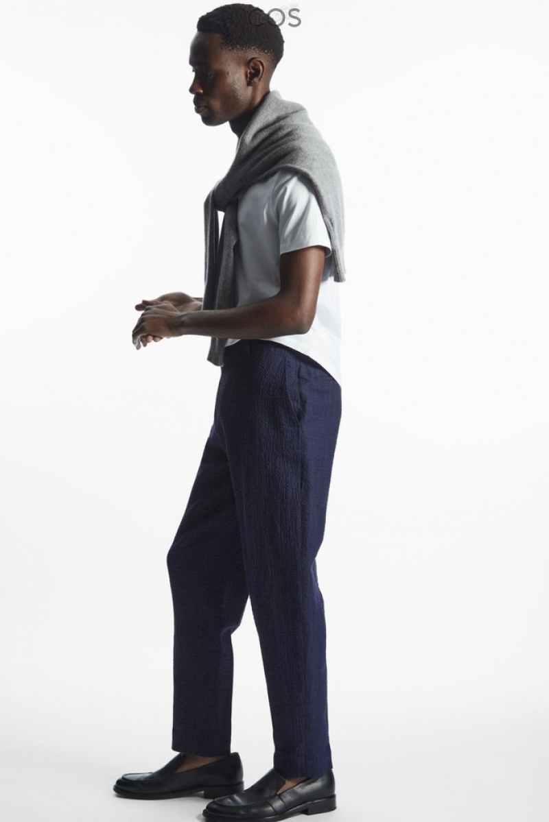 Navy / Checked COS Tapered Textured-Seersucker Trousers Trousers | 782314-NOL