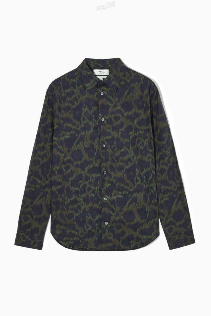 Navy / Khaki / Green COS Animal-Print Tailored Shirt Shirts | 193460-RZI