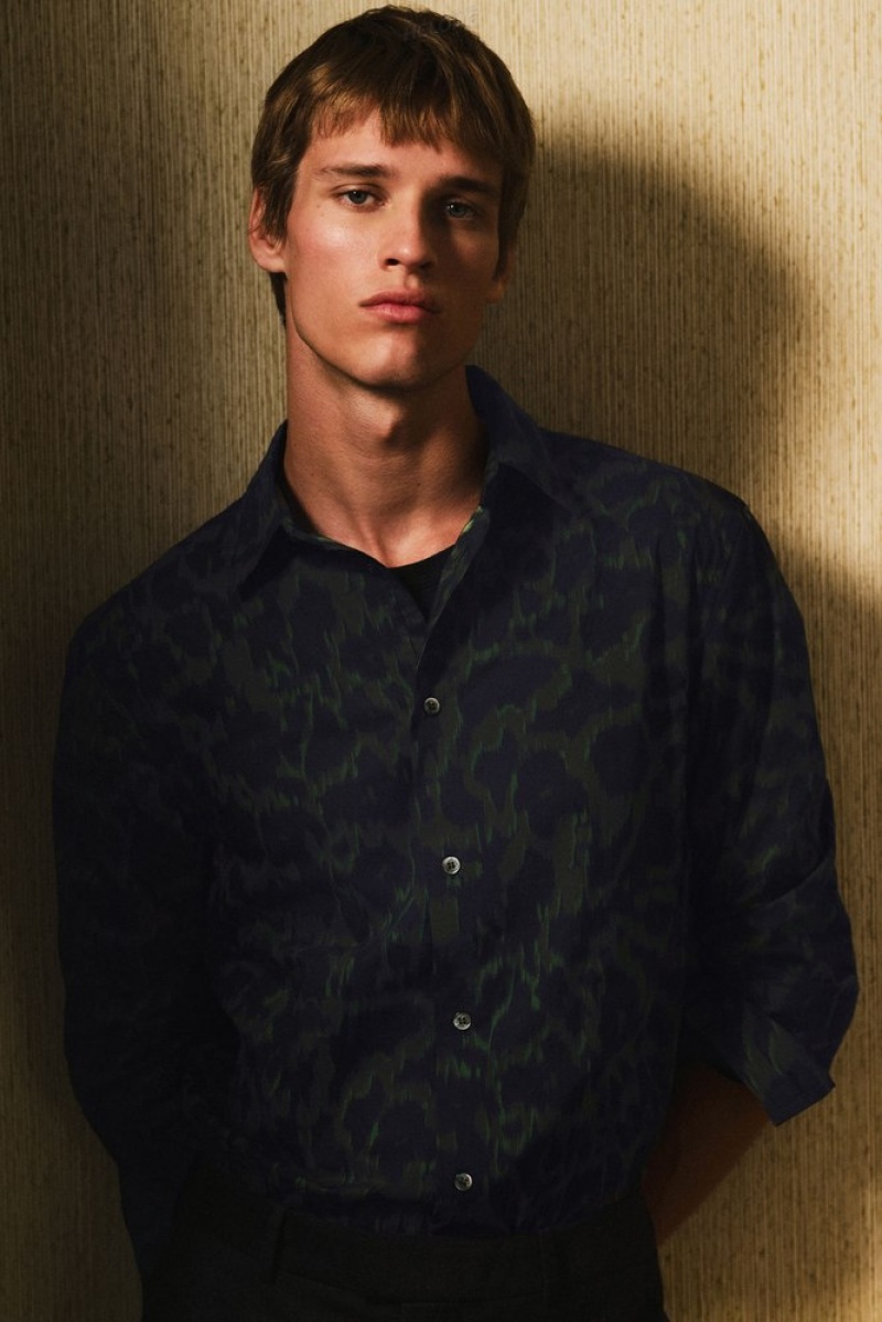 Navy / Khaki / Green COS Animal-Print Tailored Shirt Shirts | 193460-RZI