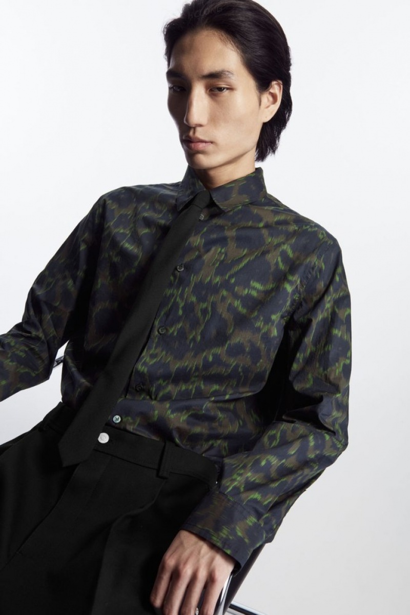 Navy / Khaki / Green COS Animal-Print Tailored Shirt Shirts | 193460-RZI