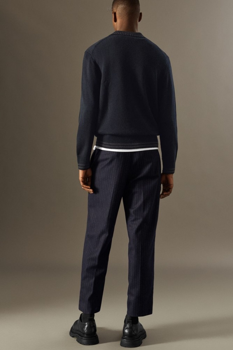 Navy / Pinstriped COS Cropped Pinstriped Wool Trousers - Straight Suit Pants | 491586-VHP