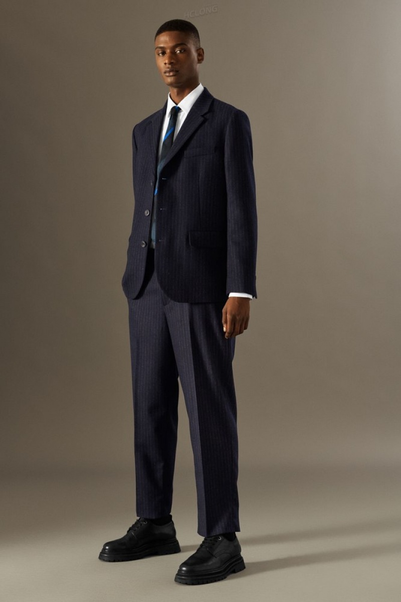 Navy / Pinstriped COS Cropped Pinstriped Wool Trousers - Straight Suit Pants | 491586-VHP