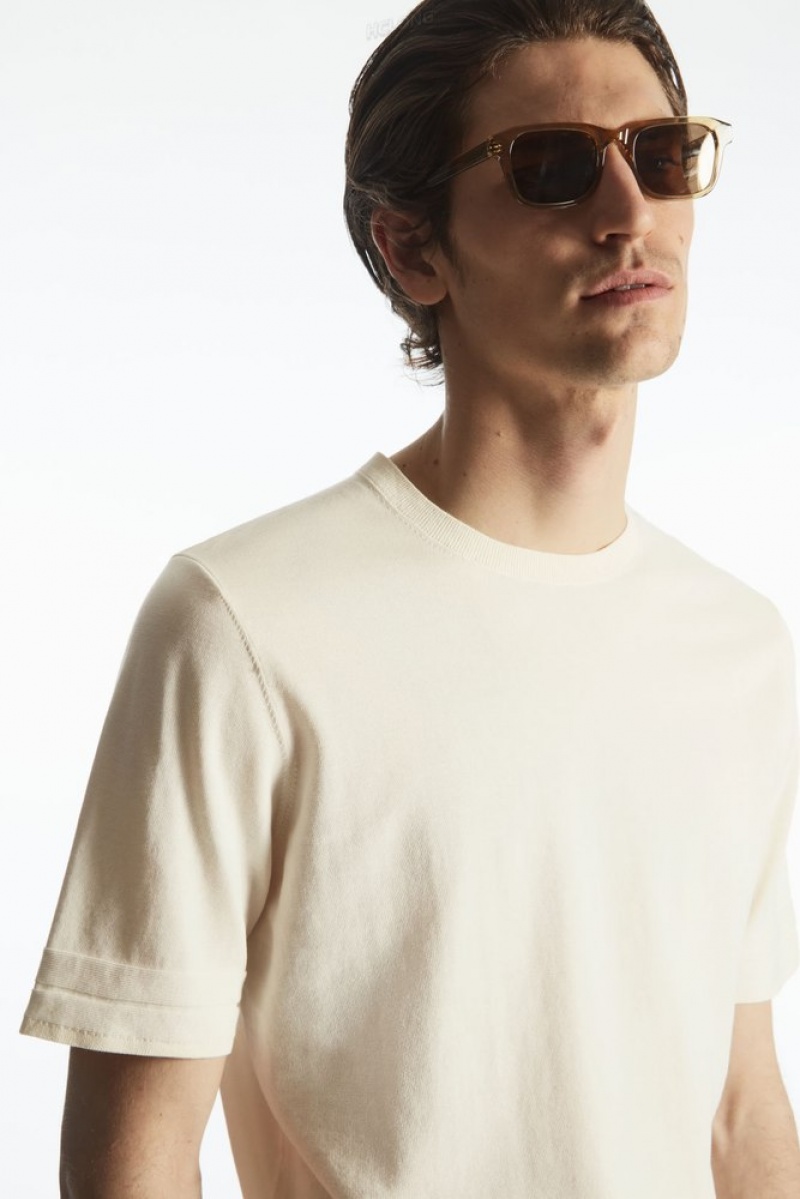 Off-White COS Regular-Fit Knitted-Cuff T-Shirt T-shirts | 437526-SDT