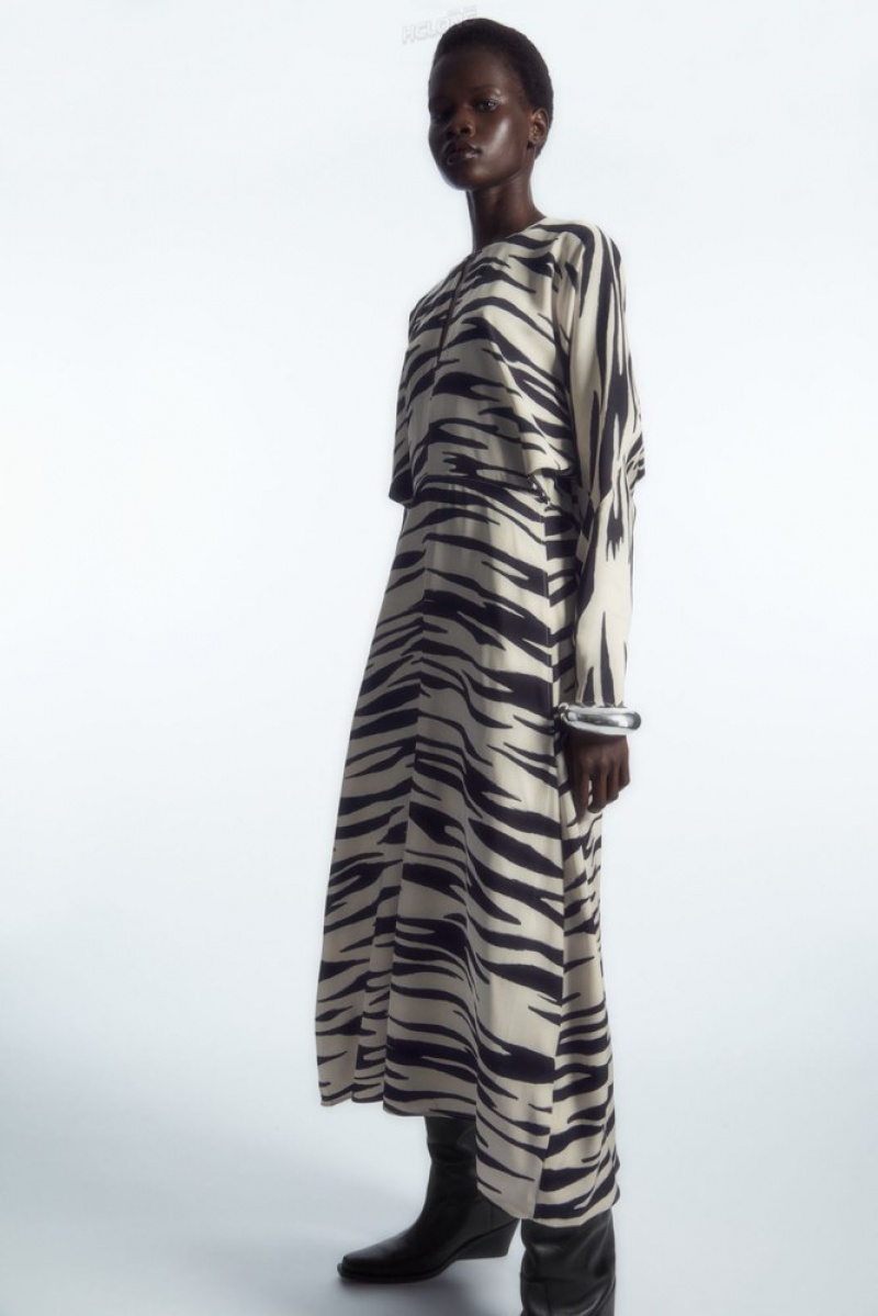 Off White / Zebra Print COS Zebra-Print Cutout Midi Dress Dresses | 364951-AJR