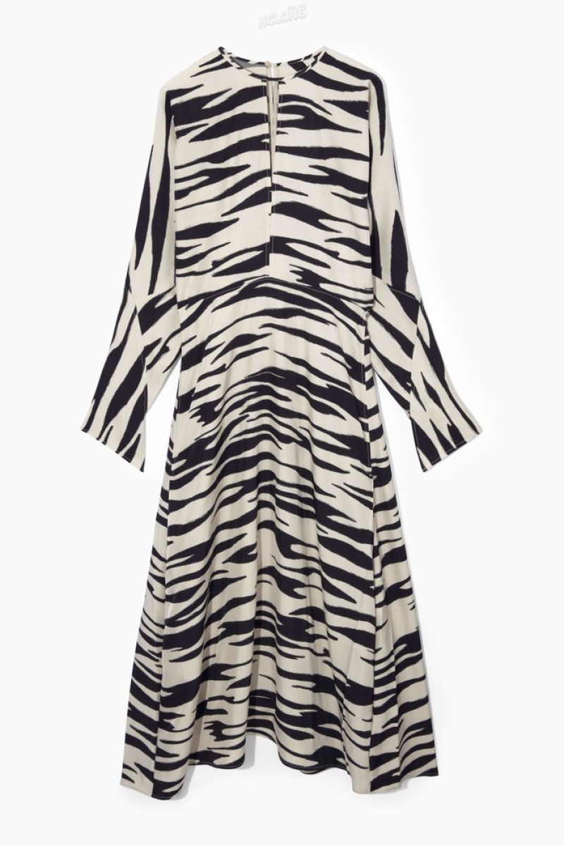 Off White / Zebra Print COS Zebra-Print Cutout Midi Dress Dresses | 364951-AJR