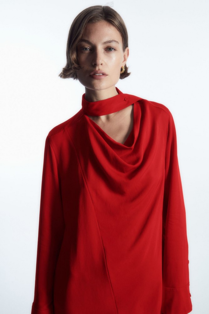 Red COS Scarf-Detail Draped Midi Dress Dresses | 731095-CRE