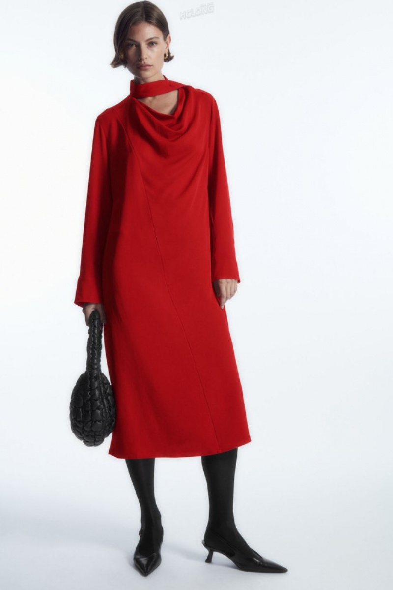 Red COS Scarf-Detail Draped Midi Dress Dresses | 731095-CRE