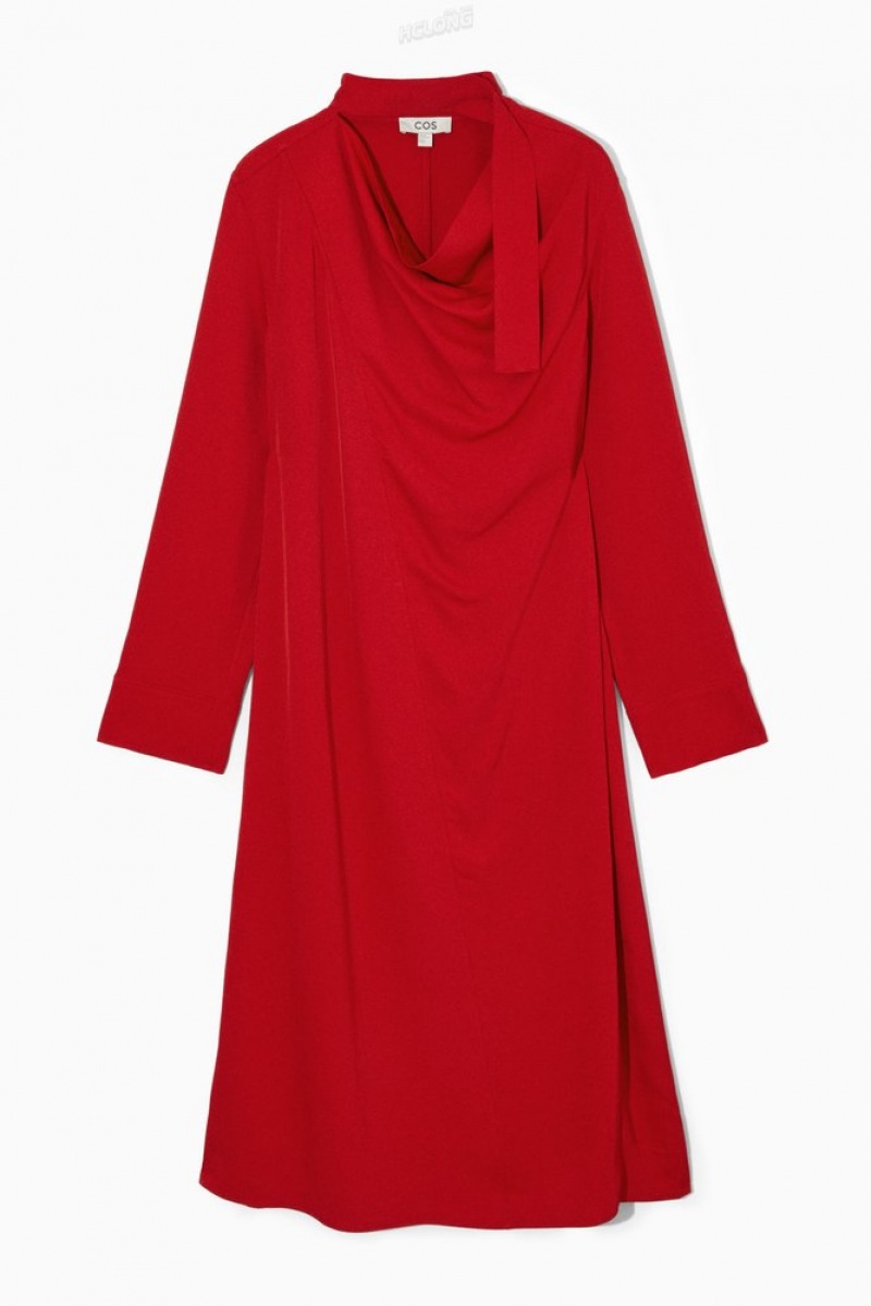 Red COS Scarf-Detail Draped Midi Dress Dresses | 731095-CRE