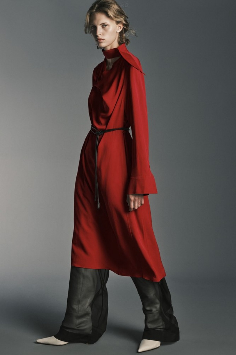 Red COS Scarf-Detail Draped Midi Dress Dresses | 731095-CRE