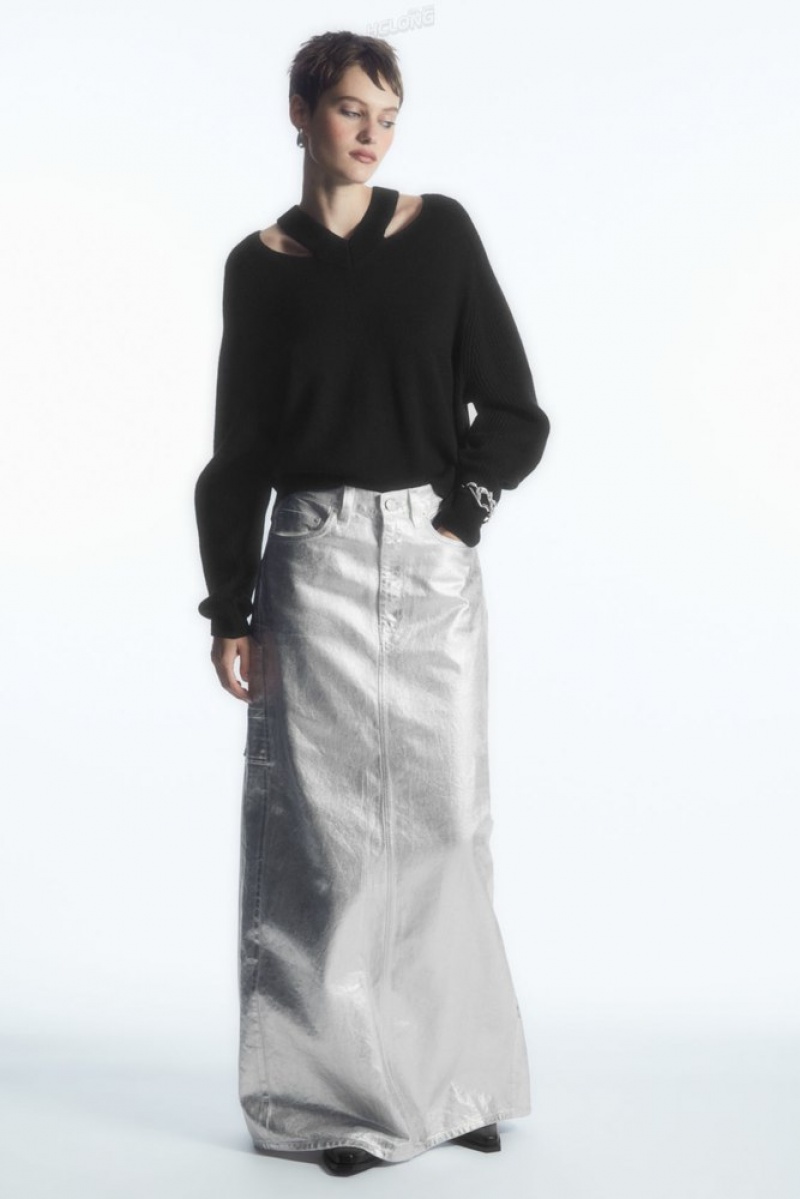 Silver COS Coated-Denim Maxi Skirt Skirts | 219358-IBL