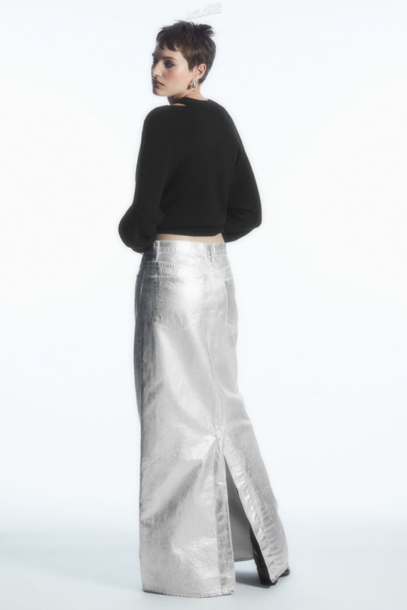 Silver COS Coated-Denim Maxi Skirt Skirts | 219358-IBL