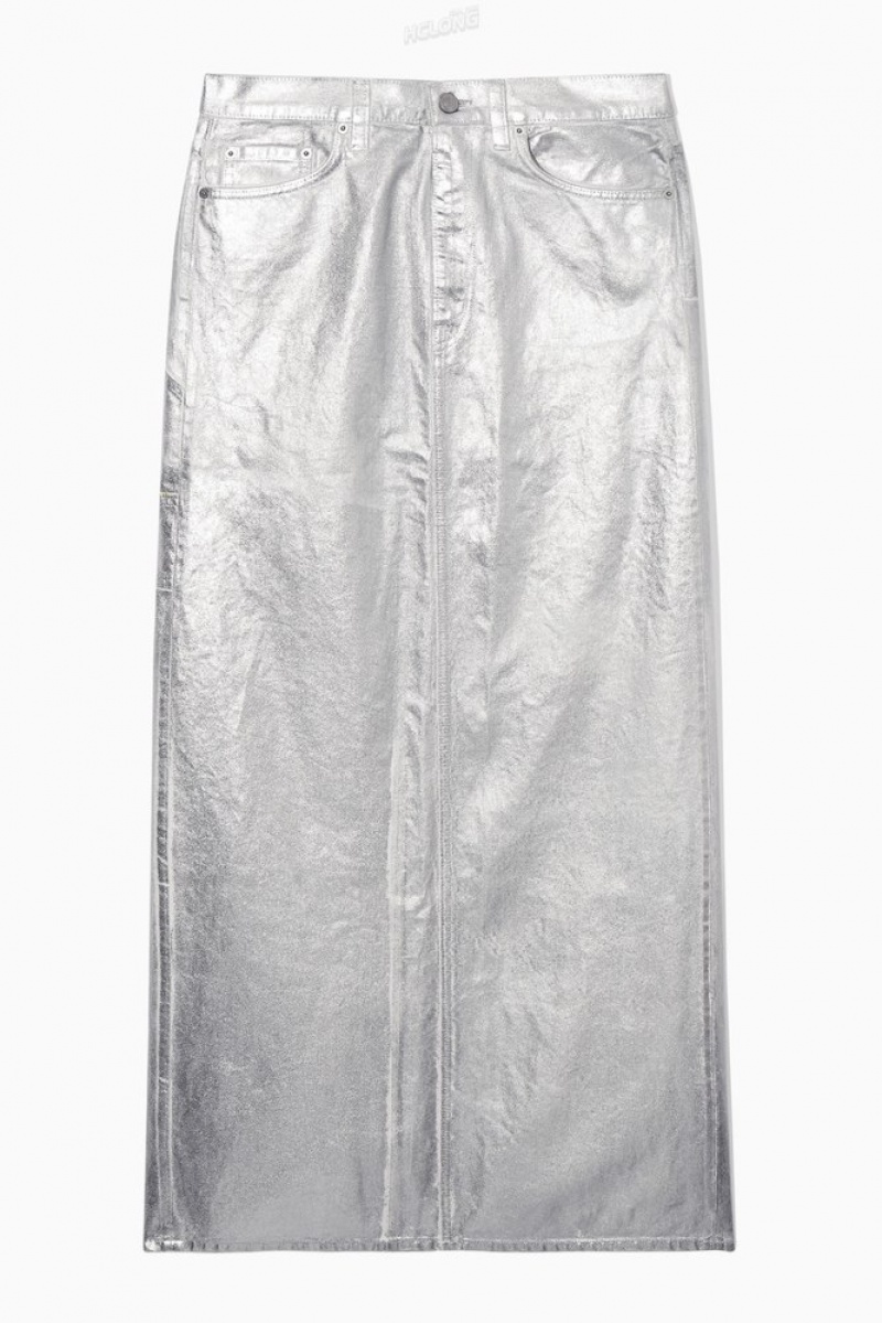 Silver COS Coated-Denim Maxi Skirt Skirts | 219358-IBL