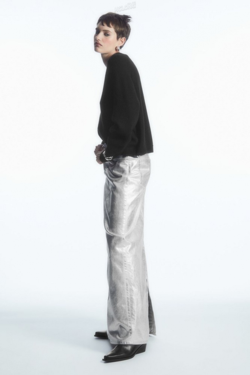 Silver COS Coated-Denim Maxi Skirt Skirts | 219358-IBL