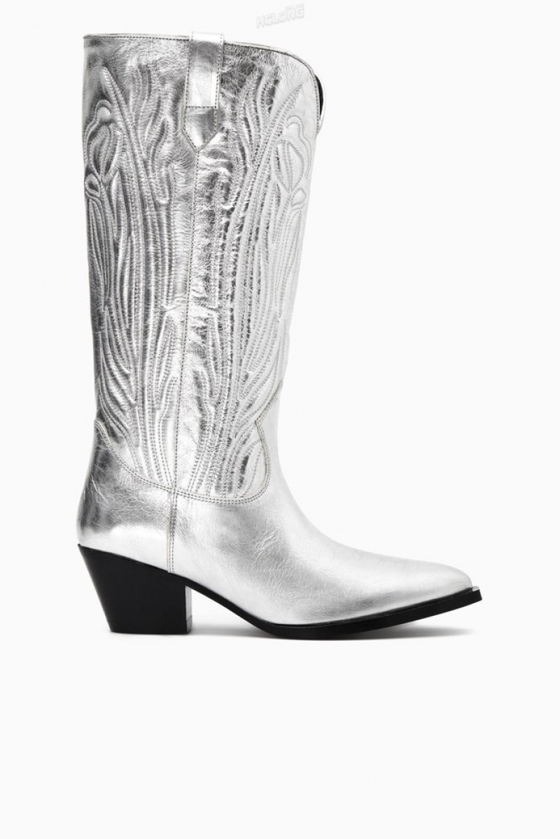 Silver COS Embroidered Leather Cowboy Boots Boots | 381902-DUI