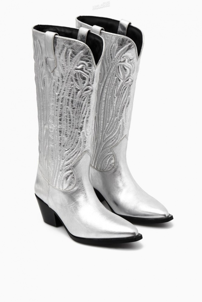 Silver COS Embroidered Leather Cowboy Boots Boots | 381902-DUI