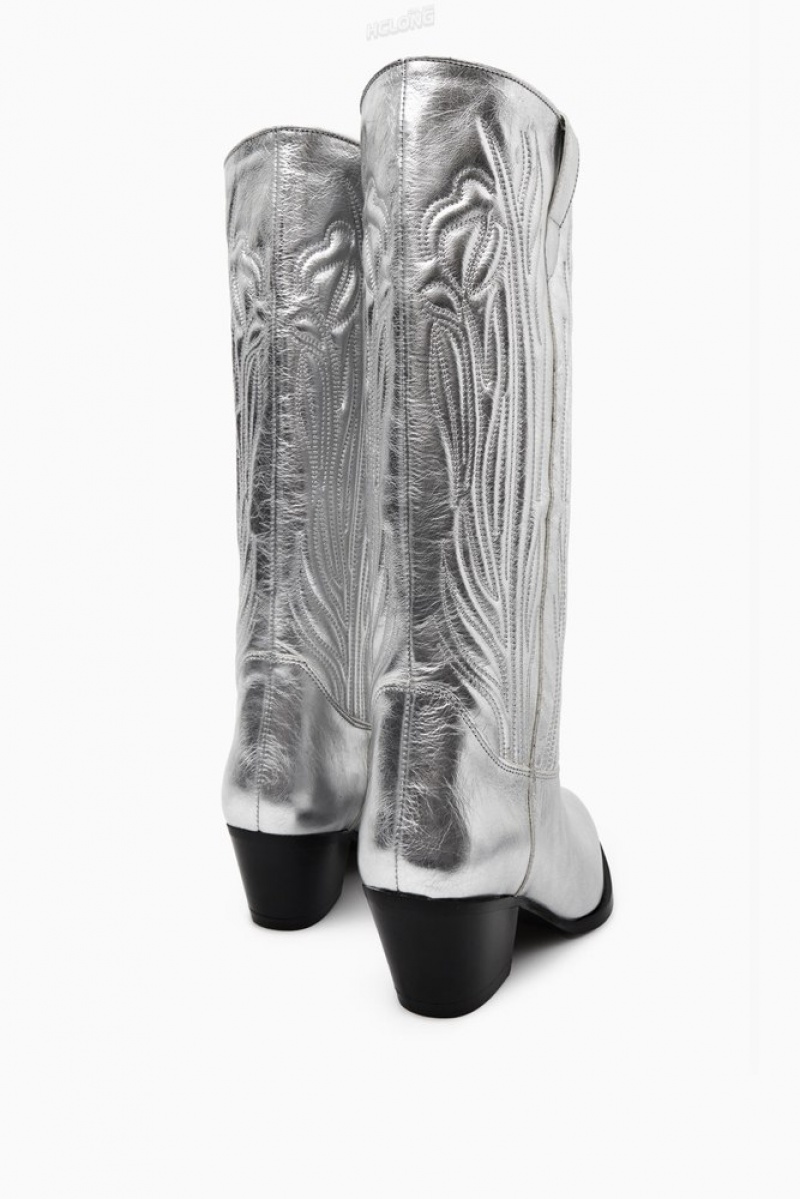 Silver COS Embroidered Leather Cowboy Boots Boots | 381902-DUI