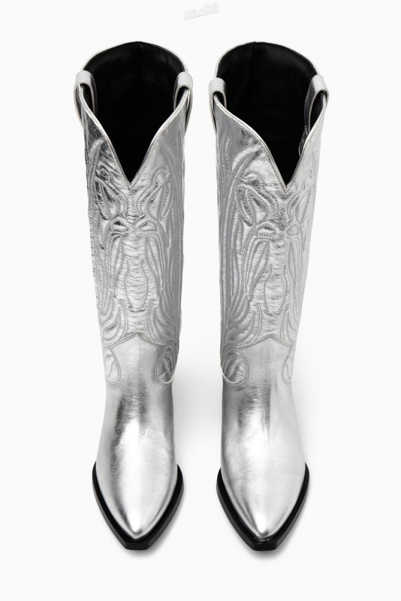 Silver COS Embroidered Leather Cowboy Boots Boots | 381902-DUI