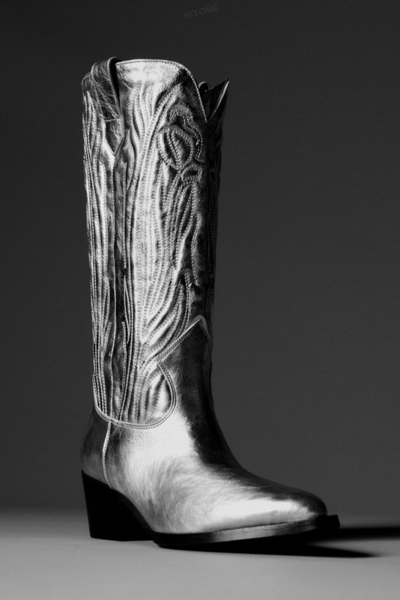 Silver COS Embroidered Leather Cowboy Boots Boots | 381902-DUI