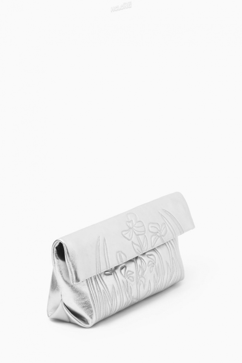 Silver COS Embroidered Western Clutch - Leather Bags | 394561-ENR