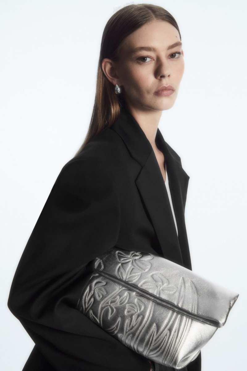 Silver COS Embroidered Western Clutch - Leather Bags | 394561-ENR