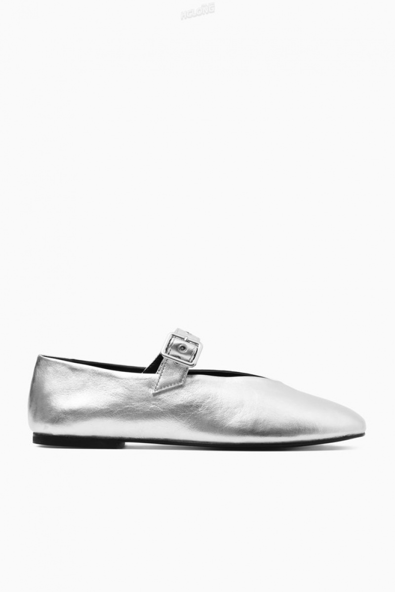 Silver COS Leather Mary-Jane Flats Flats | 159823-DAO