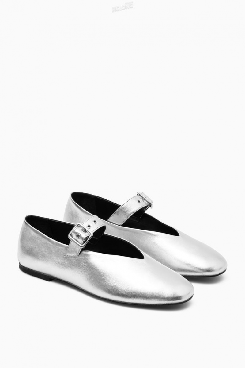 Silver COS Leather Mary-Jane Flats Flats | 159823-DAO