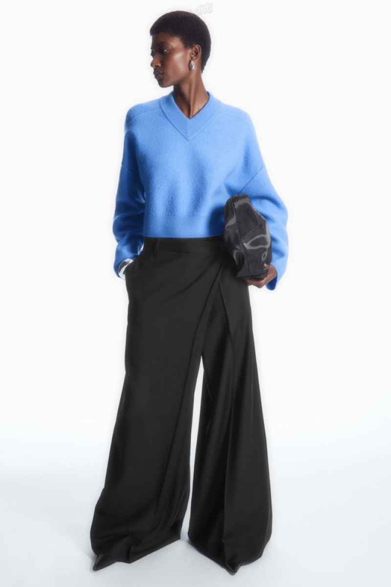 Sky Blue COS Cropped V-Neck Wool Sweater Sweaters & Cardigans | 613052-WNB