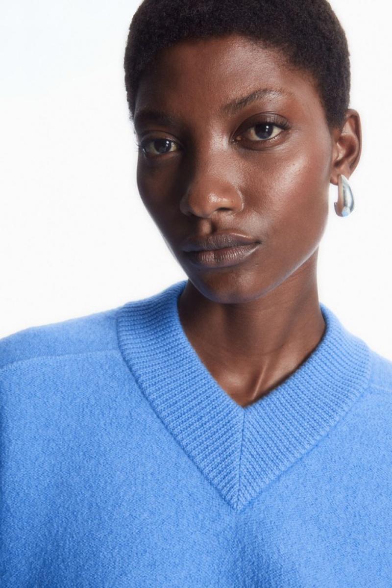 Sky Blue COS Cropped V-Neck Wool Sweater Sweaters & Cardigans | 613052-WNB