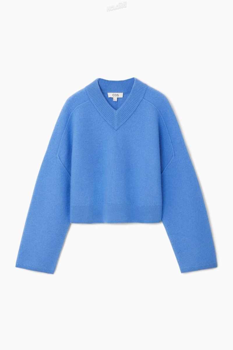 Sky Blue COS Cropped V-Neck Wool Sweater Sweaters & Cardigans | 613052-WNB